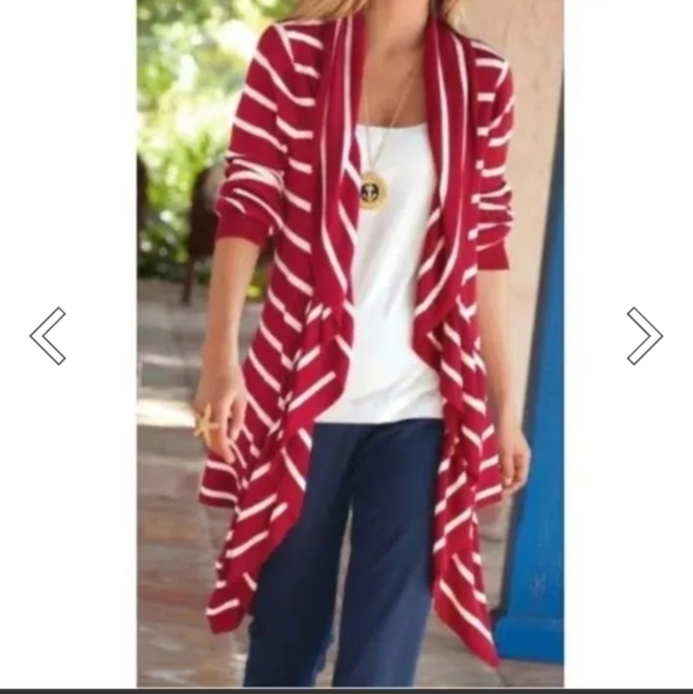 SOFT SURROUNDINGS WATERFALL CARDIGAN SIZE M RED WHITE  STRIPED LONG SWEATER